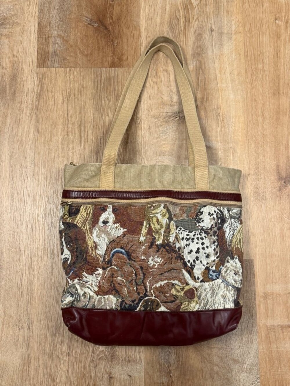 Vintage 90s Tapestry Tote With Dog Print 15" x 13" Canvas And Burgundy Accents